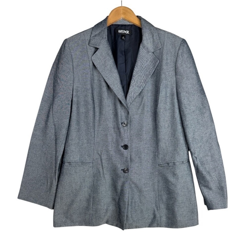 Kasper Womens Gray Blazer Size 14 Three Button Long Sleeve Coat Jacket